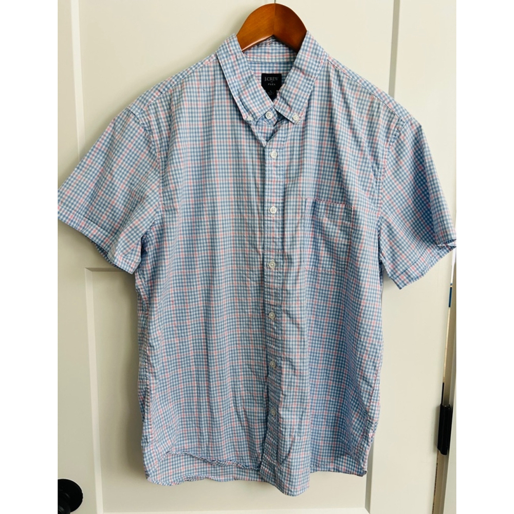 J.Crew Button Down Shirt men Size Large Blue Pink Plaid Short Sleeve Flex